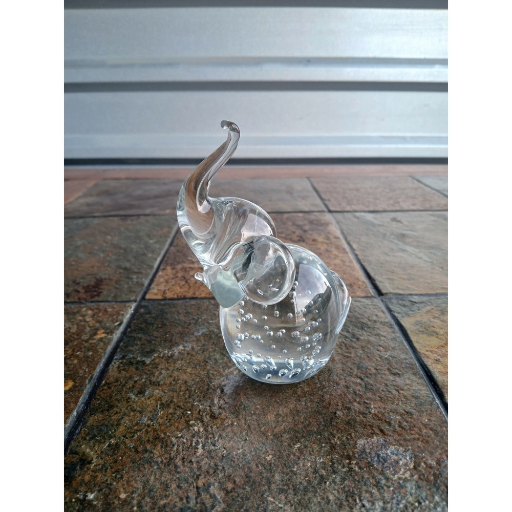 Vintage Glass Elephant Trunk Up Figurine Controlled Bubbles MCM Art Glass 5.5"